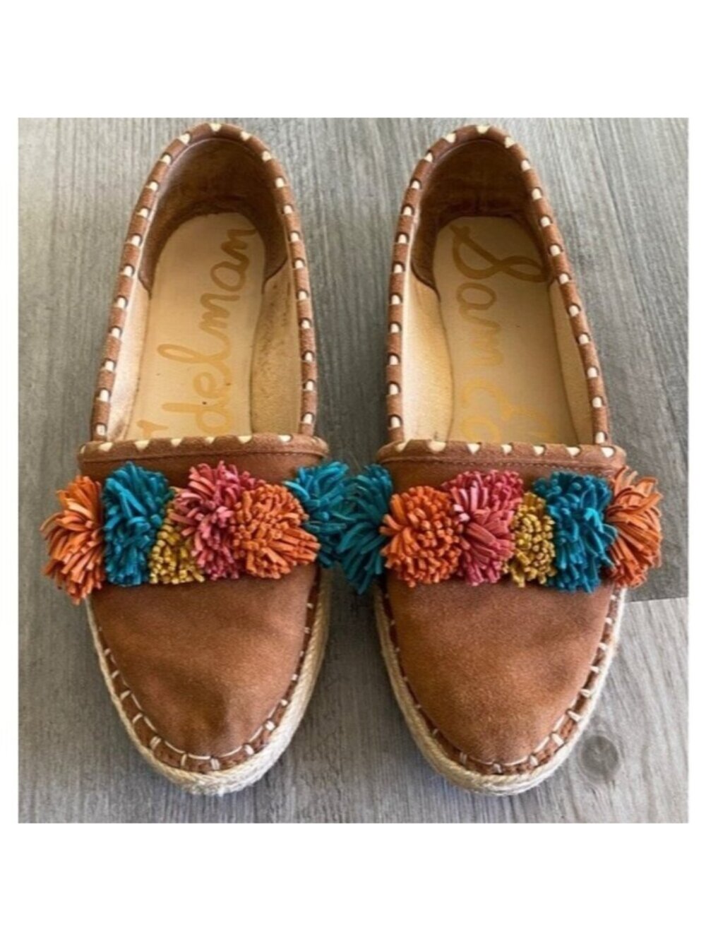 Sam Edelman ISSA Suede Espadrilles Loafers Pom Poms Brown Multi Color Sz 6.5